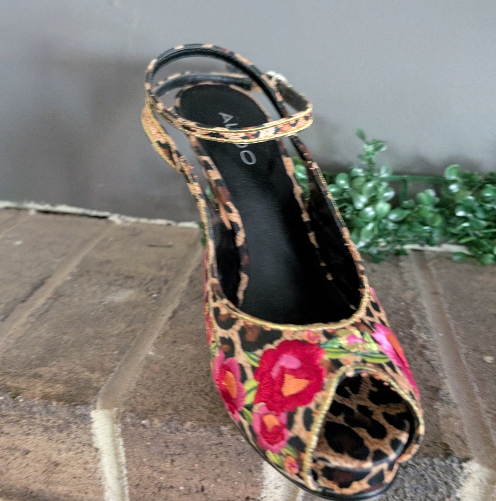 Leopard Print Floral Embroidered Aldo Women's Heels - Picture 4 of 10